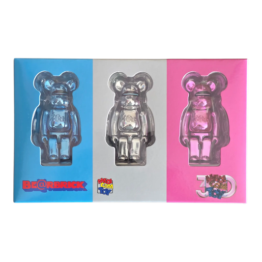 Bearbrick Hajime Sorayama Medicom Toy 30th Anniversary 3er-Set 100% Verpackungsvorderseite