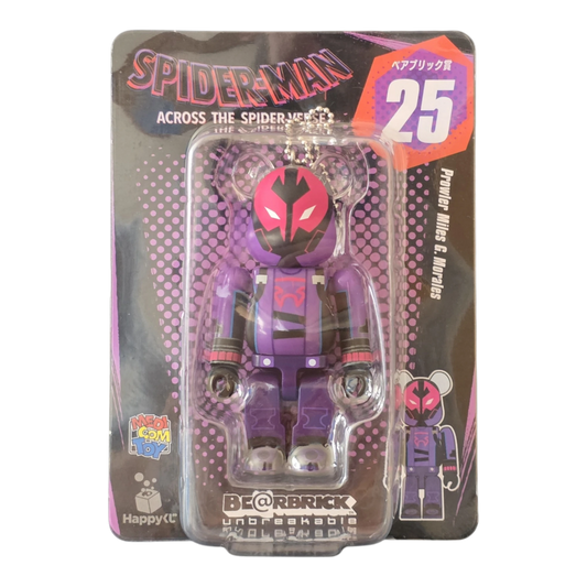 Bearbrick Happy Kuji "Spider-Man: Spider-Verse" 25: Prowler Miles G. Morales 100% Verpackung Vorderseite