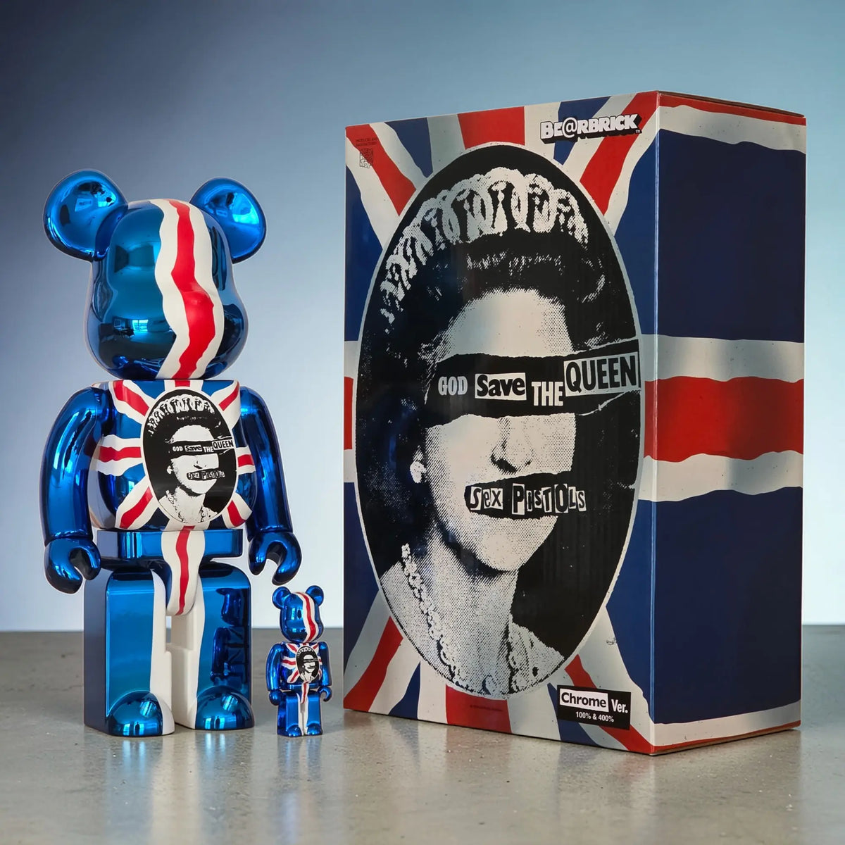 Bearbrick Sex Pistols "God Save the Queen" Chrome Version 100%+400% mit Verpackung
