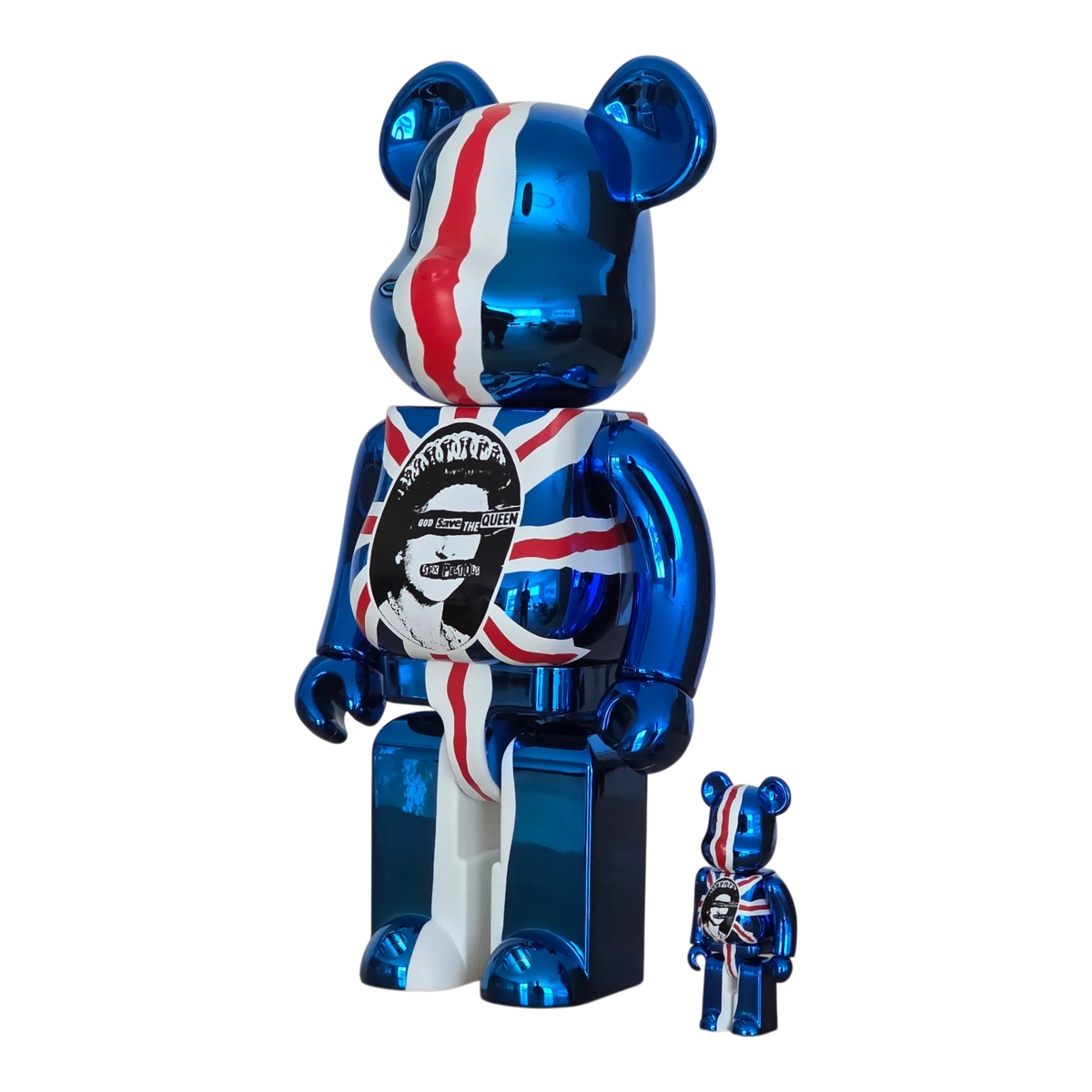 Bearbrick Sex Pistols "God Save the Queen" Chrome Version 100%+400% schräg